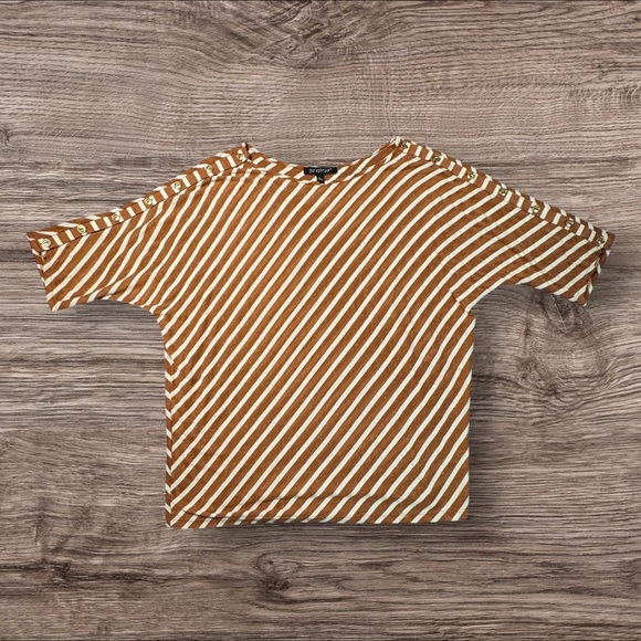 Paraphrase Striped Brown & White Striped Blouse w/ Gold Button Detail Size Large - Picture 1 of 5